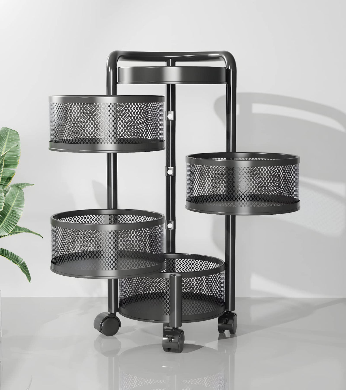 Kuber Industries 4Th Generation Round Rotating Rack|4-Layer Kitchen Trolley with 360 Rotation|Portable Storage Rack for Bathroom, Bedroom (Black)