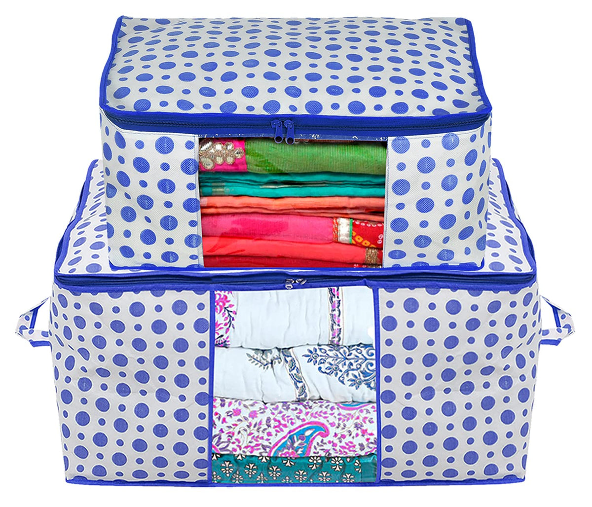 Kuber Industries Dot Printed Multiuses Non-Woven Saree Cover & Underbed Storage Bag/Organizer Set With Tranasparent Window, Set of 2 (Blue)-46KM0615