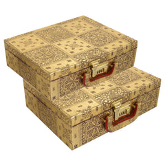 Kuber Industries Multipurpose Wooden Emobssed Design 2 Rod Bangle Box/Organizer/Case With Mirror & Number Lock System - Pack of 2 (Gold)-47KM0551