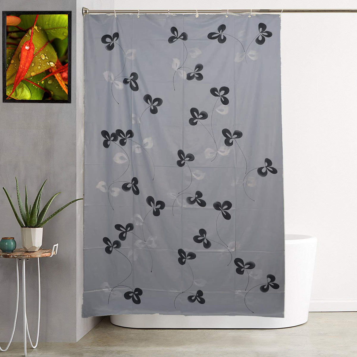 Kuber Industries Floral Design 7 Feet Shower Curtain with 8 Hooks (Grey) -CTKTC014447