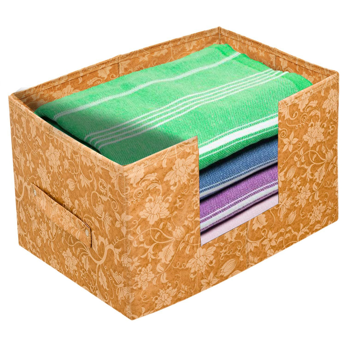 Heart Home Metallic Flower Printed Multiuses Non-Woven Closet Organizer, Storage Bin, Shelf Storage Oragnizer With Handle (Brown)-HS43HEARTH26397