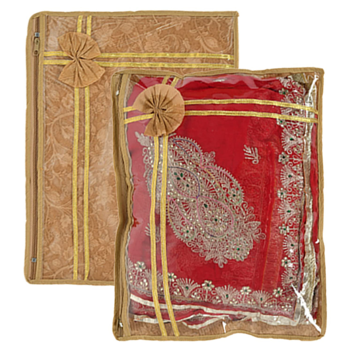 Heart Home Flower Printed Non-Woven Single Saree Cover With Tranasparent Top- Pack of 2 (Brown)-50HH01321