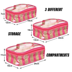 Heart Home Makeup Kit | Silk Laminated Fabric Cosmatic Bag for woman | 3 Pcs Travel Toiletry Bag with Handle | Pink