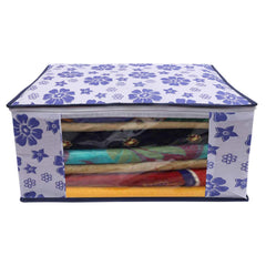 Kuber Industries Flower Design 3 Piece Non Woven Fabric Saree Cover Set with Transparent Window, Extra Large, Royal Blue-CTKTC031940