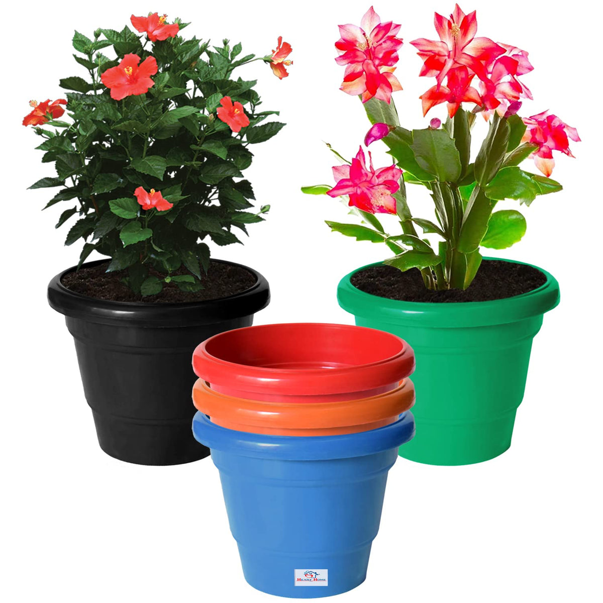 Heart Home Solid 2 Layered Plastic Flower Pot|Gamla|Flower Pots for Garden Nursery,Home Décor,6"x5",Pack of 5 (Multicolor)