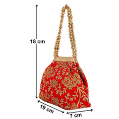 Heart Home Attractive Embroidery Polyester Hand Purse & Artificial Pearls Handle With 3 Magnetic Lock for Woman,Girls (Red)