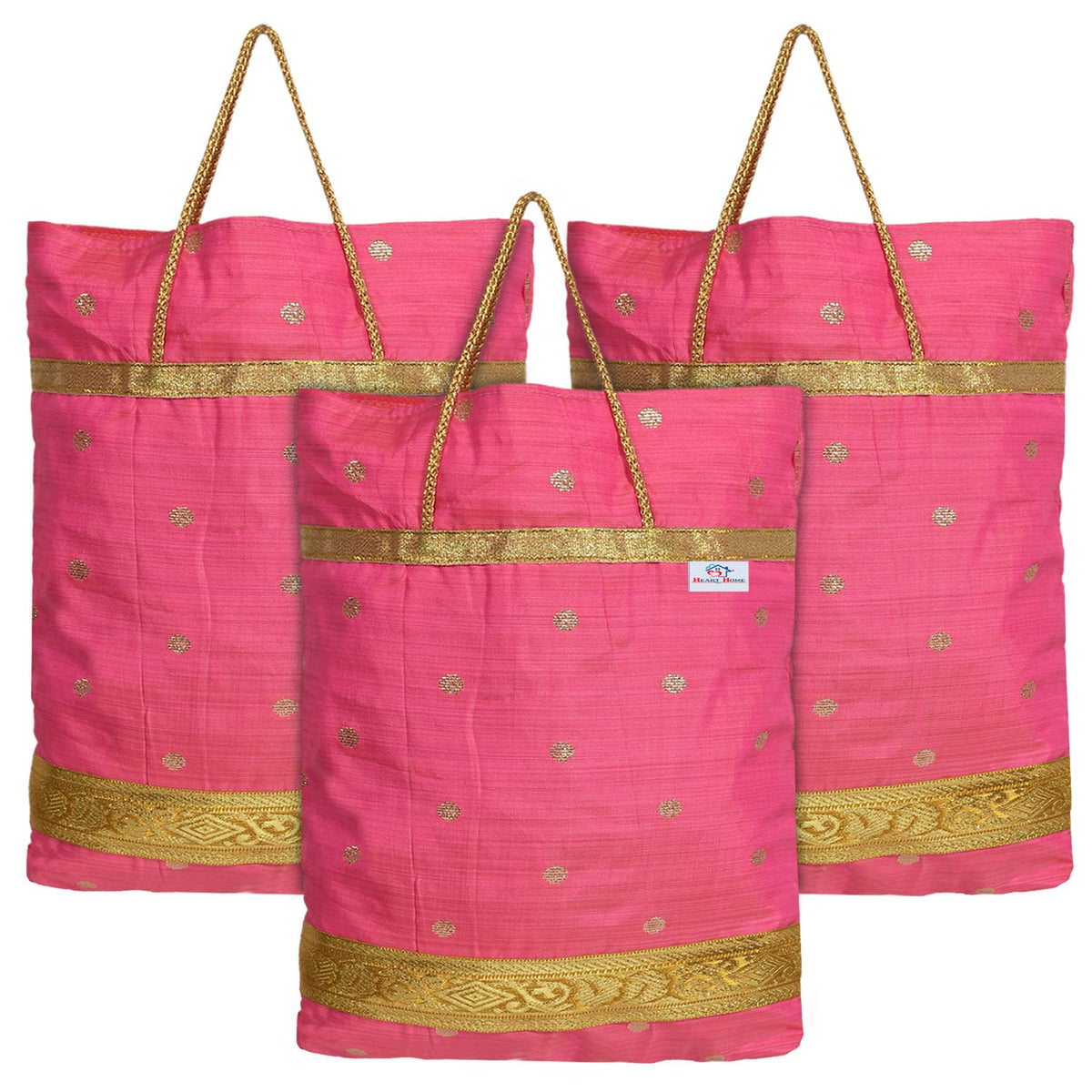 Heart Home Polyester Dot Design Foldable Potli|Shopping|Gifting, Hand Bag With Handle Pack of 3 (Pink)