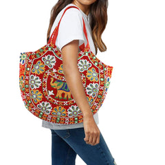Kuber Industries Multiuses Velvet Floral Design Hand Bag/Tote Bag For Daily Trips, Travel, Office Pack of 2 (Red) 52KM3991