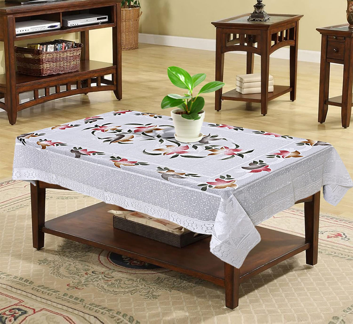 Kuber Industries Flower Printed Cotton 4 Seater Center Table Cover,40"x60" (White)-44KM055