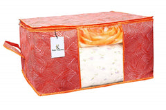 Kuber Industries Leheriya Printed 2 Piece Non Woven Fabric Underbed Storage Bag,Cloth Organiser,Blanket Cover with Transparent Window, Orange & Blue -CTKTC41070, Standard