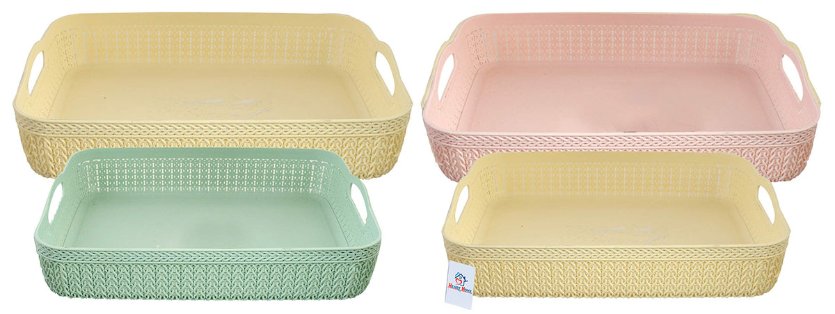 Heart Home Q-3, 4 Unbreakable 4 Pieces Plastic Multipurpose Small & Large Size Net Storage Basket for Office, Kitchen, Bathroom with Handle, Multi-HEART10316