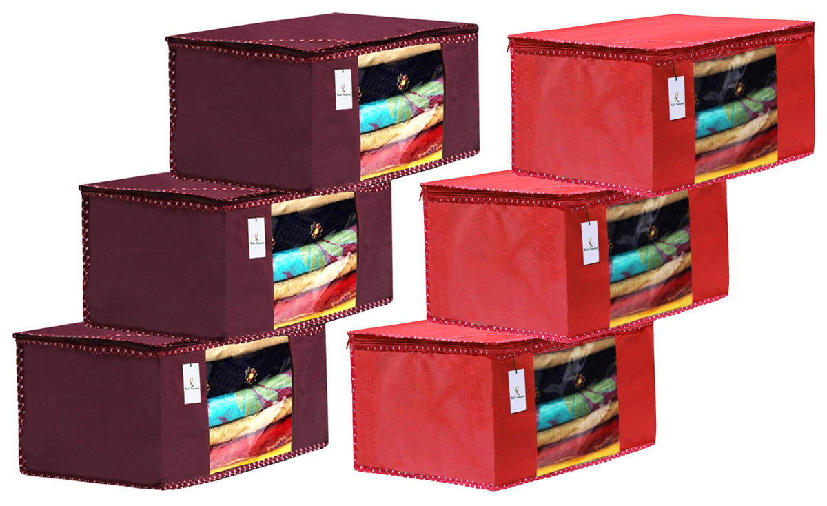 Kuber Industries 6 Piece Non Woven Fabric Saree Cover Set with Transparent Window, Extra Large, Maroon & Red-CTKTC031953