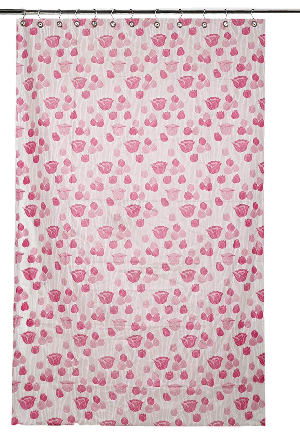 Kuber Industries Microfibre Floral Shower Curtain with 8 Hooks (Standard, 138 x 214 x 1 Cm, Pink)