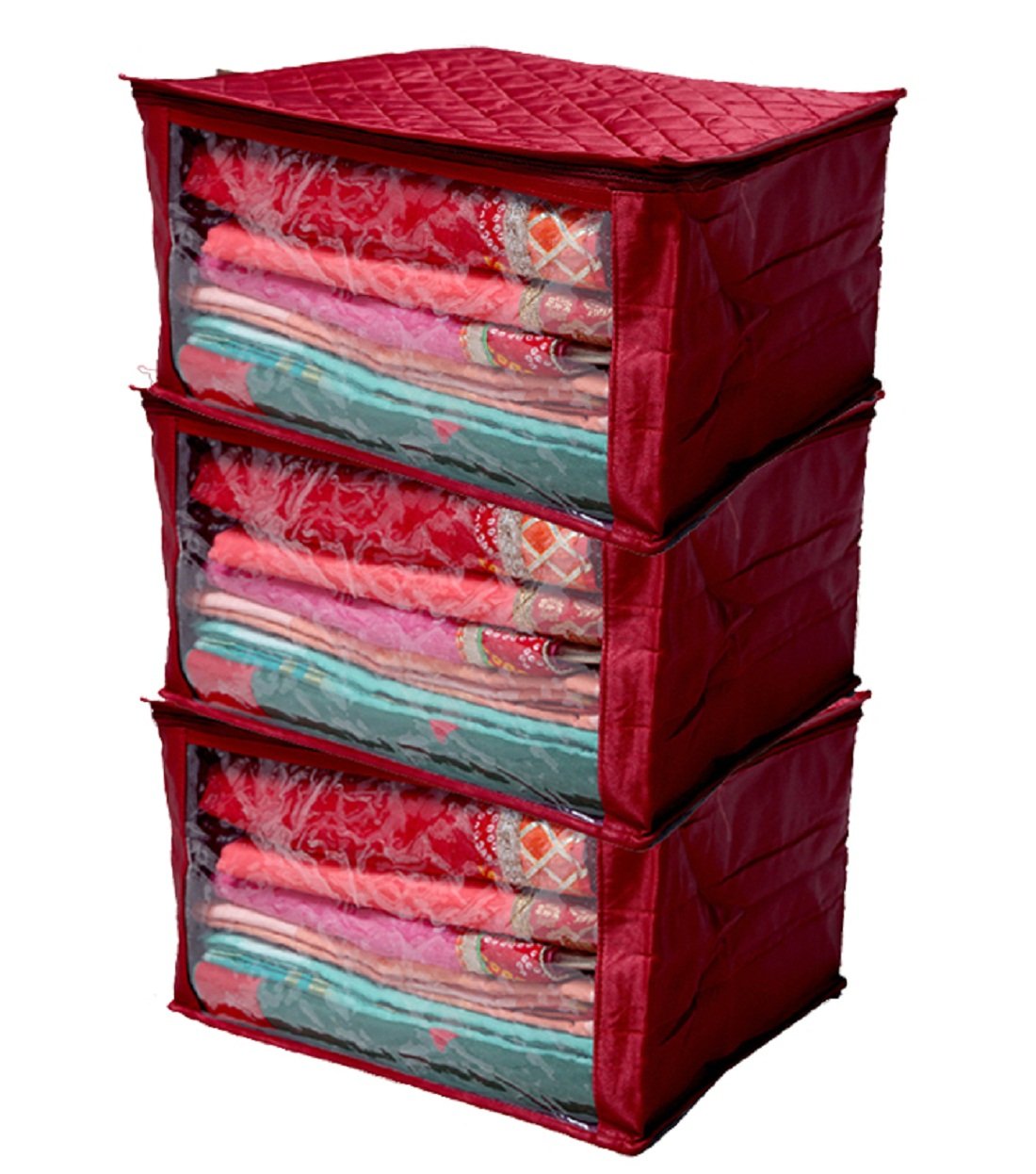 Kuber Industries 3 Piece Quilted Satin Saree Cover Set, Maroon