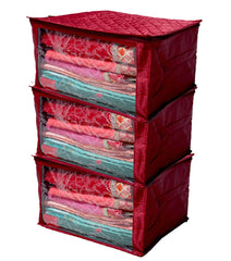 Kuber Industries 3 Piece Quilted Satin Saree Cover Set, Maroon