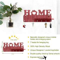 Kuber Industries Wooden Home Design 7 Hooks Mounted Key Holder | Key Stand with Shelf for Home Decorative (Brown)