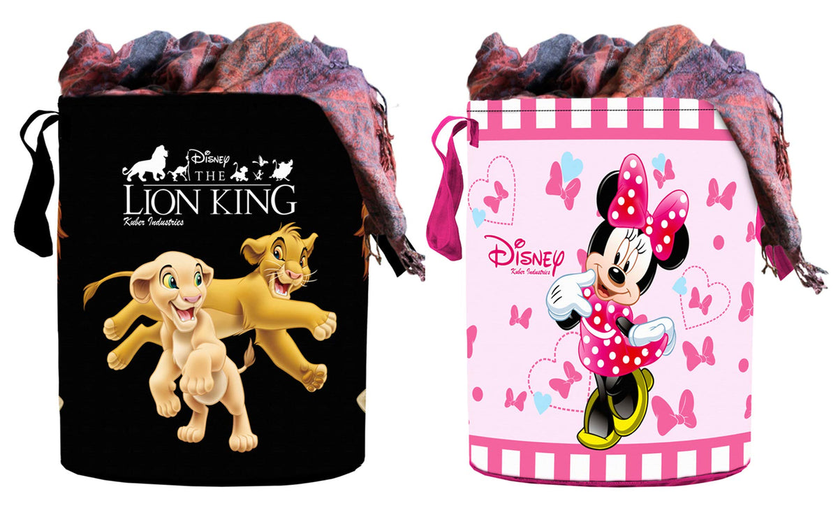 Kuber Industries Disney Print Round Non Woven Fabric Foldable Laundry Organiser with Handles,45 LTR (Set of 2, Pink & Black)-KUBMART11690, Standard
