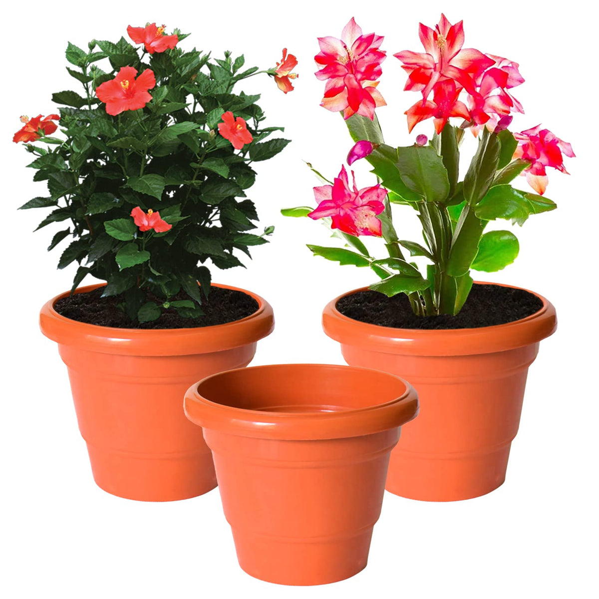 Kuber Industries Solid 2 Layered Plastic Flower Pot|Gamla for Home Decor,Nursery,Balcony,Garden,6"x5",Pack of 3 (Orange)