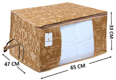 Kuber Industries Metalic Printed 2 Pieces Non Woven Fabric Underbed Storage Bag, Cloth Organiser, Blanket Cover with Transparent Window (Beige)-KUBMART2907