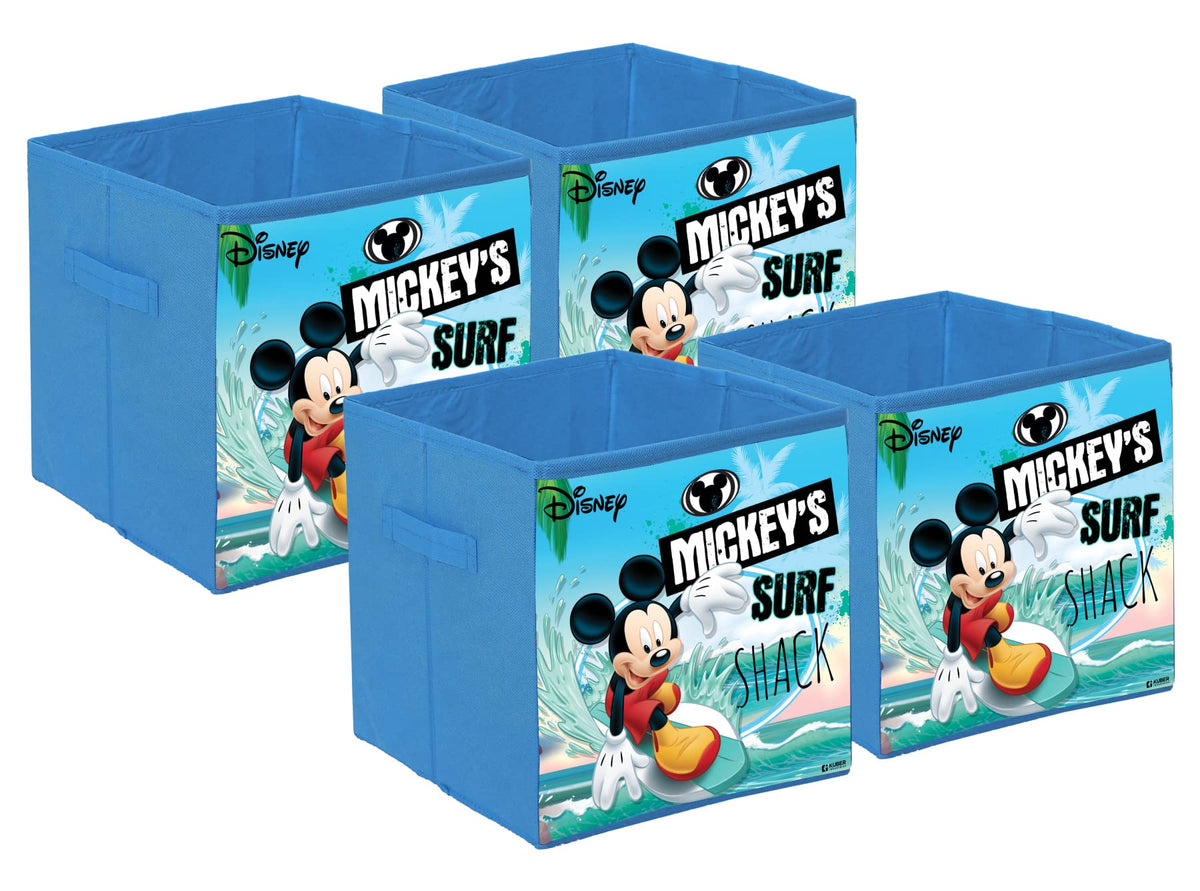 Kuber Industries Disney Mickey Surf Print Durable & Collapsible Square Storage Box|Clothes Organizer With Handle,Pack of 4 (Sky Blue)