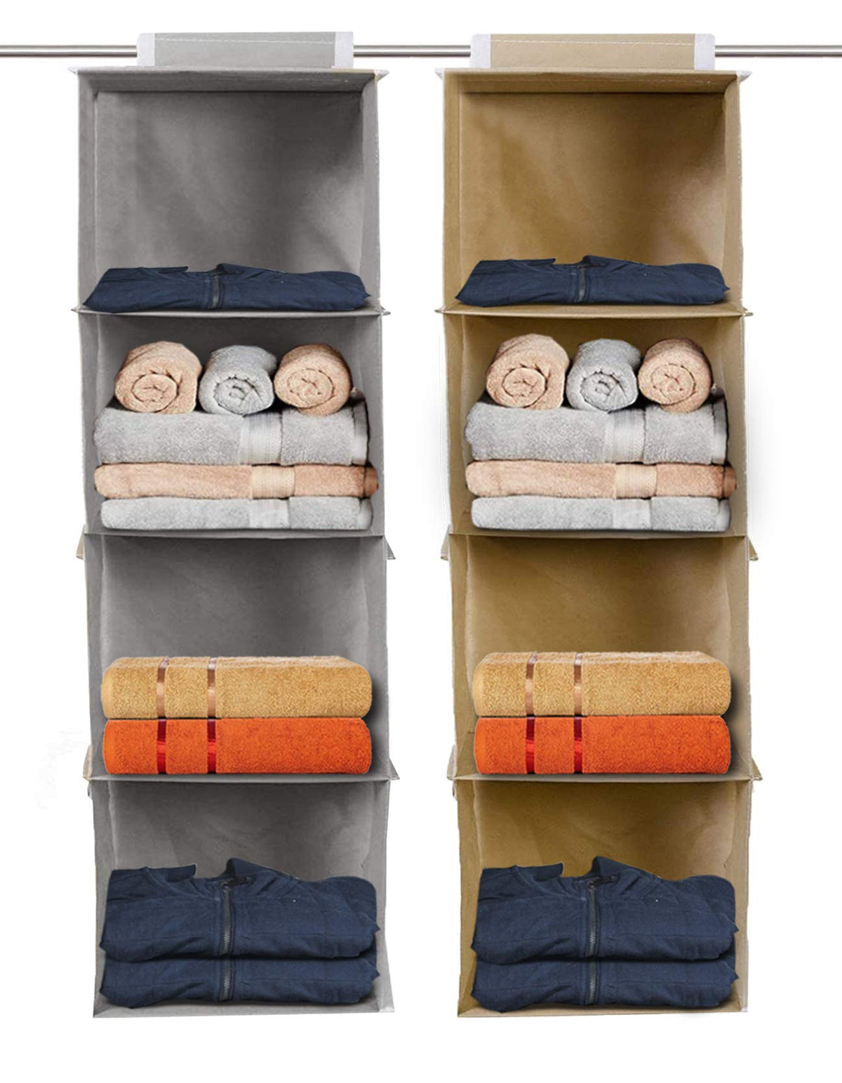Kuber Industries 4 Shelf Closet Hanging Organizer, 4 Tier Closet Wardrobe Organizer Clothes Storage Hanger for Family Closet Bedroom, Foldable and Universal Fit (Grey & Brown)-Pack of 2-KUBMART15331