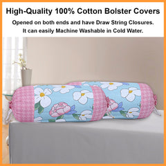 Kuber Industries Cotton Flower Print Attractive Bolster Cover with Drawstring for Home Décor,Set of 4 (Pink)