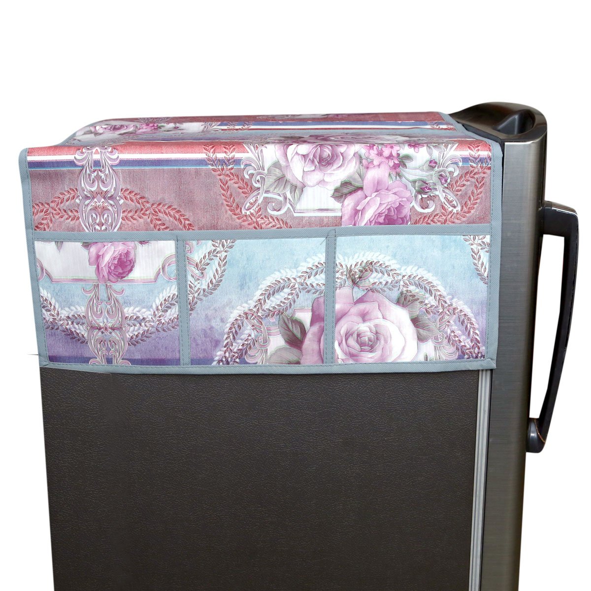 Kuber Industries Flower Design PVC Fridge Top Cover - Grey