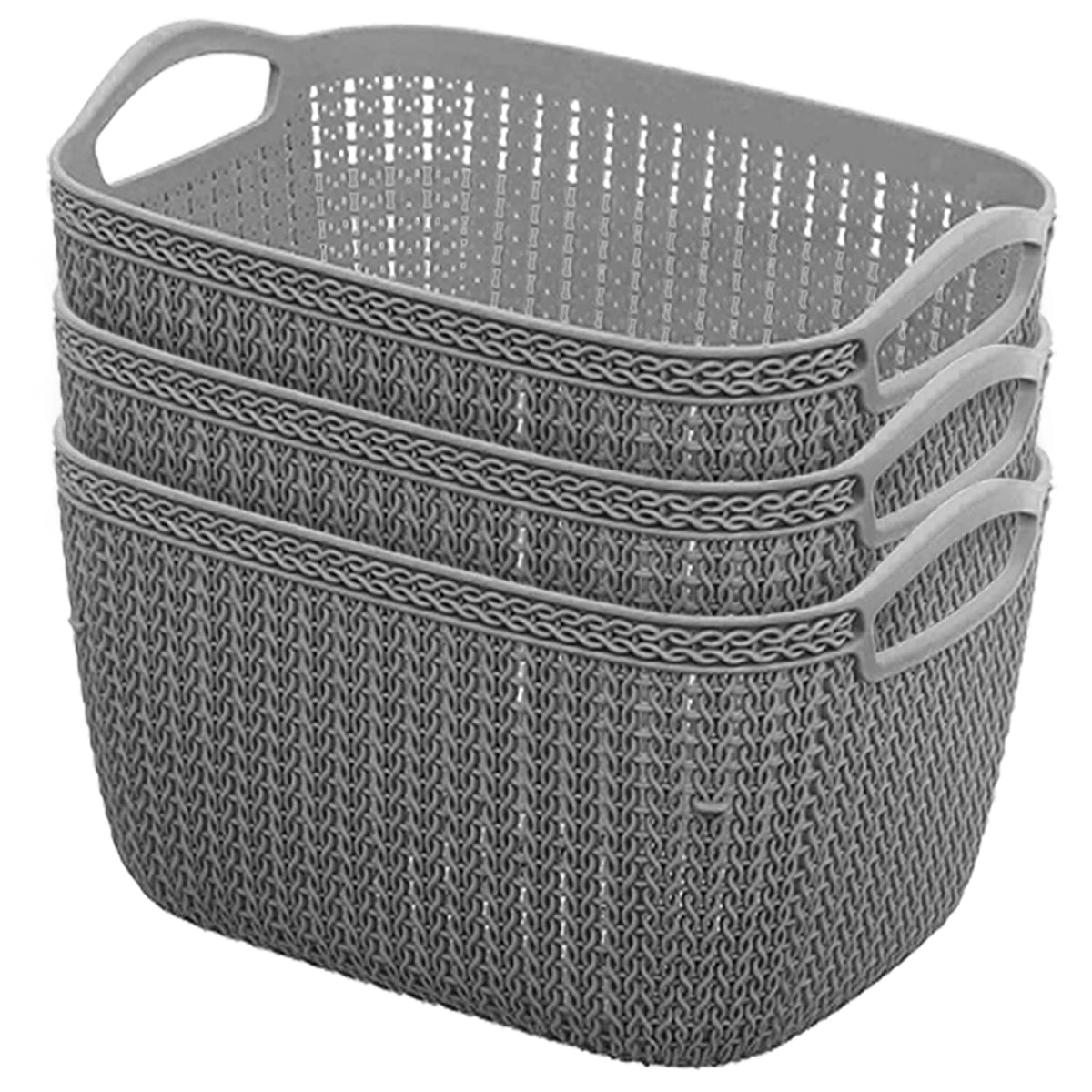 Heart Home Q-6 Multiuses Designer Unbreakable Plastic Storage Basket/Organizer/Bin For Home, Kitchen, Bathroom, Office Use Pack of 3 (Grey)-50HH01653