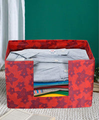 Heart Home Metallic Flower Printed Multiuses Non-Woven Closet Organizer, Storage Bin, Shelf Storage Oragnizer With Handle- Pack of 2 (Red)-HS43HEARTH26407