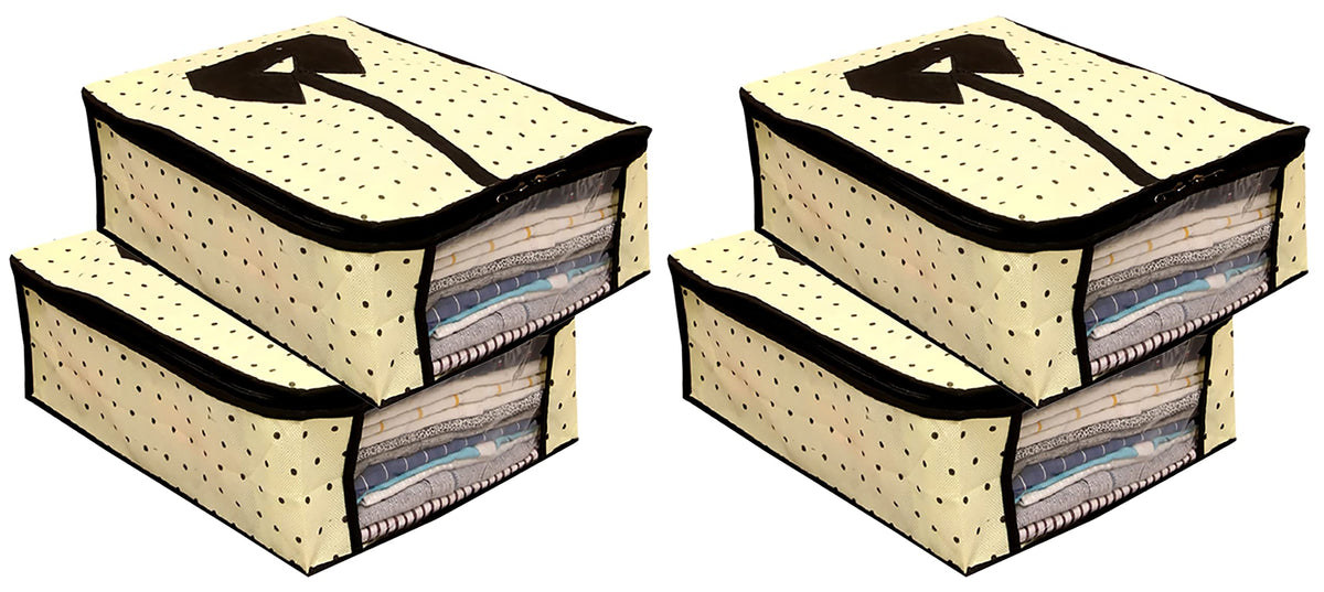 Heart Home Dot Printed Foldable Non-Woven Shirt T-shirt Trousers Jeans Organizer With Clear Window- Pack of 4 (Cream) -HS43HEARTH26180