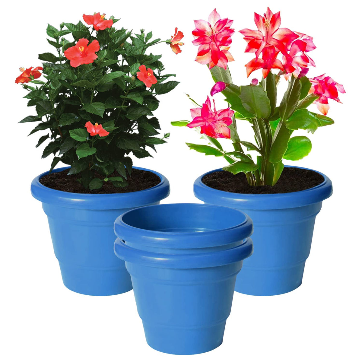 Heart Home Solid 2 Layered Plastic Flower Pot|Gamla for Home Decor,Nursery,Balcony,Garden,6"x5",Pack of 4 (Blue)
