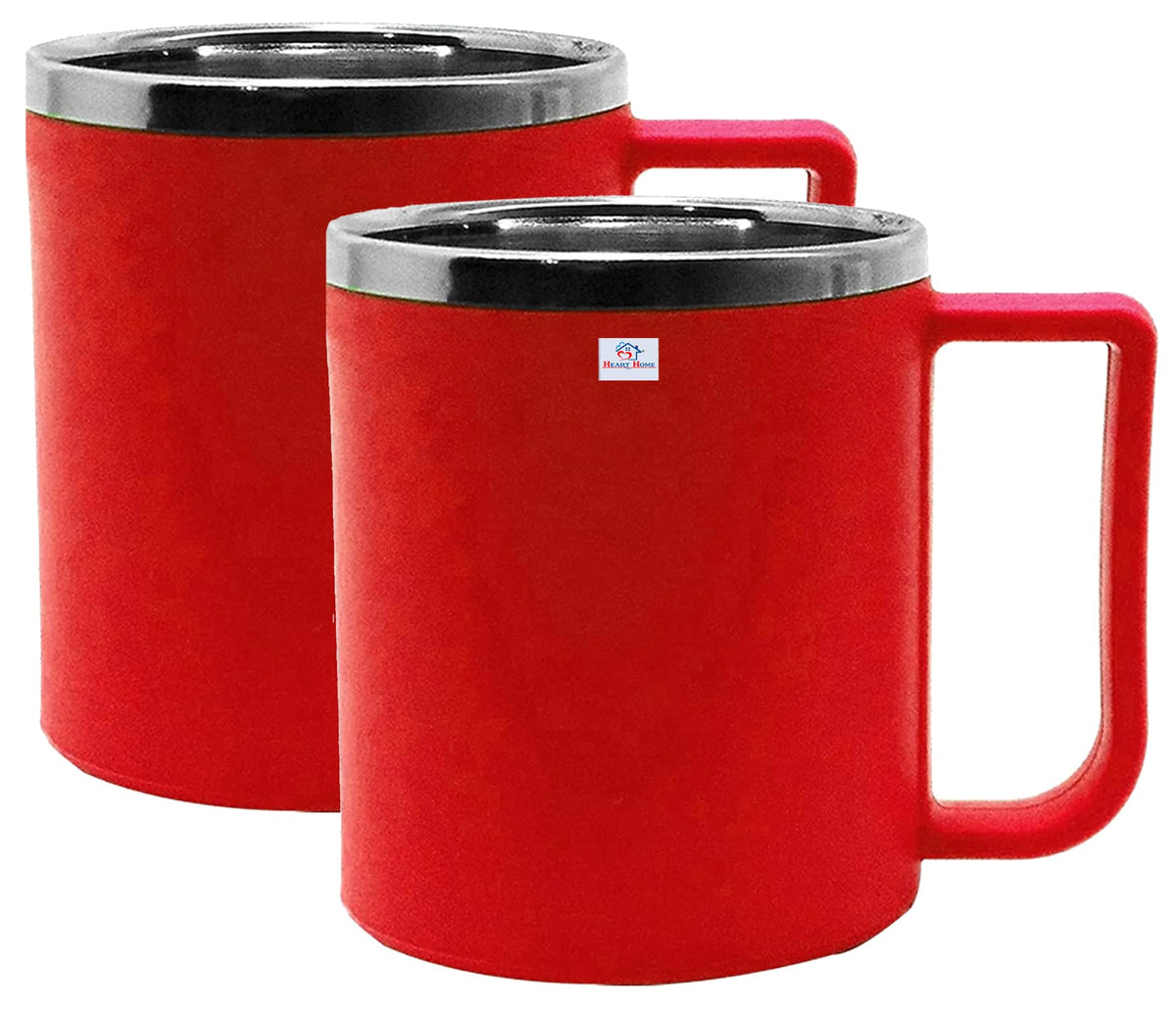 Heart Home Medium Size Plastic Steel Cups for Coffee Tea Cocoa, Camping Mugs with Handle, Portable & Easy Clean, Set of 2 (Red)