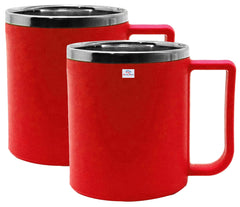 Heart Home Medium Size Plastic Steel Cups for Coffee Tea Cocoa, Camping Mugs with Handle, Portable & Easy Clean, Set of 2 (Red)