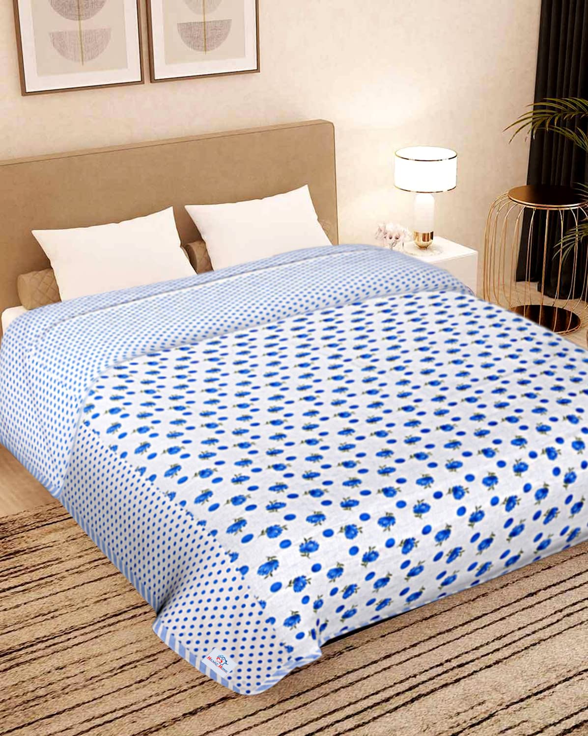 Heart Home Flower Printed Blanket/Duvet Reversible Super Soft Lightweight AC Double Dohar,90"x100" (Blue)-HS43HEARTH26790