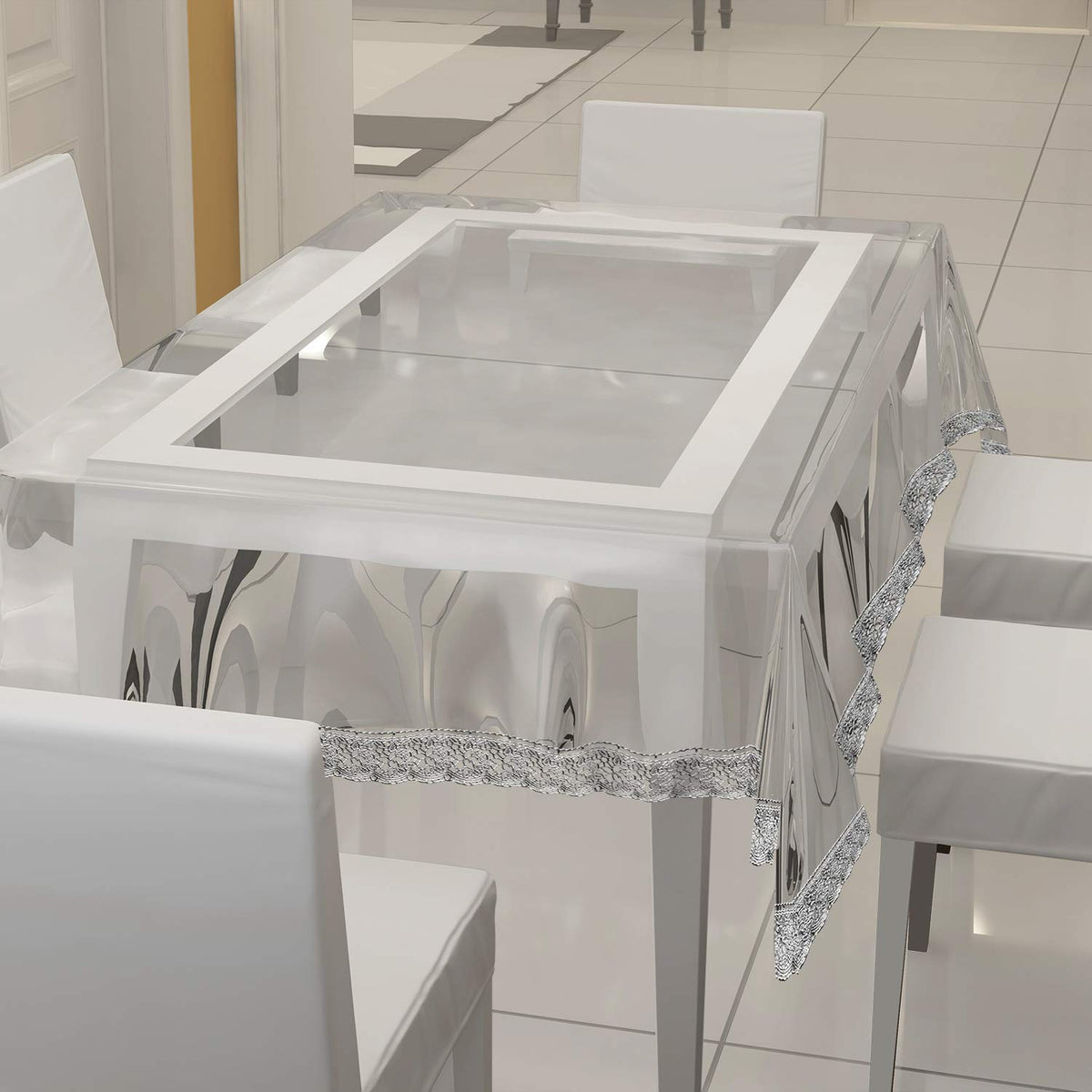 Kuber Industries Dining Table Cover 6 Seater(Silver Lace),Polyvinyl Chloride (PVC),Rectangular,Pack of 1