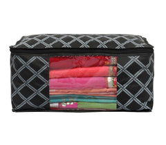 Kuber Industries Check Print Non-Woven Foldable Saree Cover|Clothes Storage For Saree, Lehenga, Suit With Top Transparent Pack of 8 (Black)