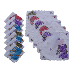 Heart Home Handkerchiefs|Multicolor Rose Print Cutwork Soft Cotton Hankies for Woman,Girls & Wicking Sweat from Hands,Face,Set of 12 (White)