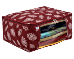 Heart Home Leaf Printed Saree Cover/Clothes Organiser For Wardrobe With Transparent Window, Pack of 6 (Maroon)