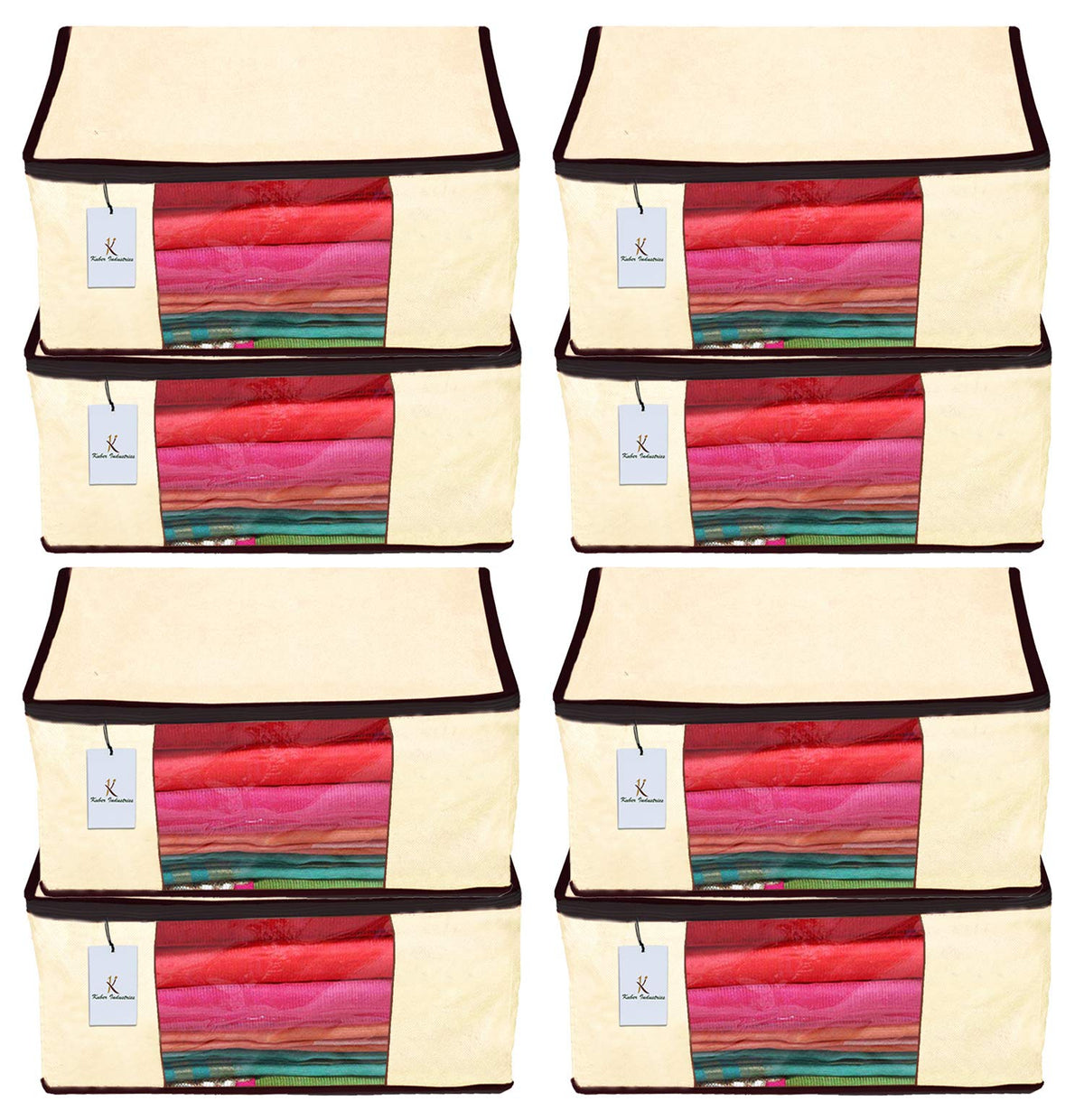 Kuber Industries 8 Piece Non Woven Fabric Saree Cover Set with Transparent Window, Extra Large, Ivory-CTKTC23778