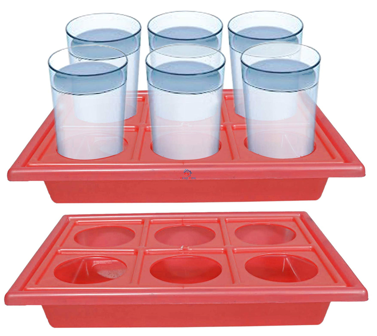 Heart Home Plastic 6 Slots Glass Holder Tray-Pack of 2 (Pink)