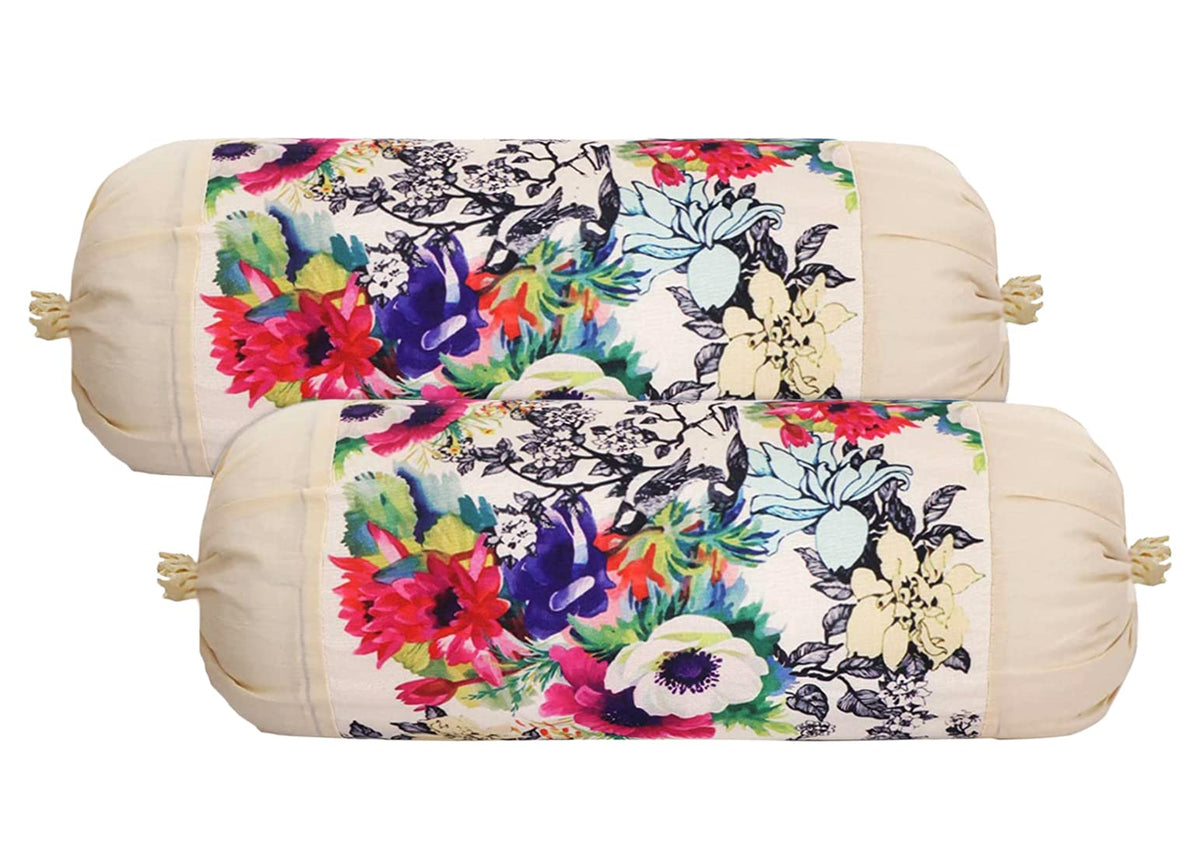 Kuber Industries Bolster Cover|Polyester Bolster Cover Set|Diwan Round Bolster Pillow Covers|Luxurious Floral Print Roll Masand Cover|Pack of 2 (Cream)