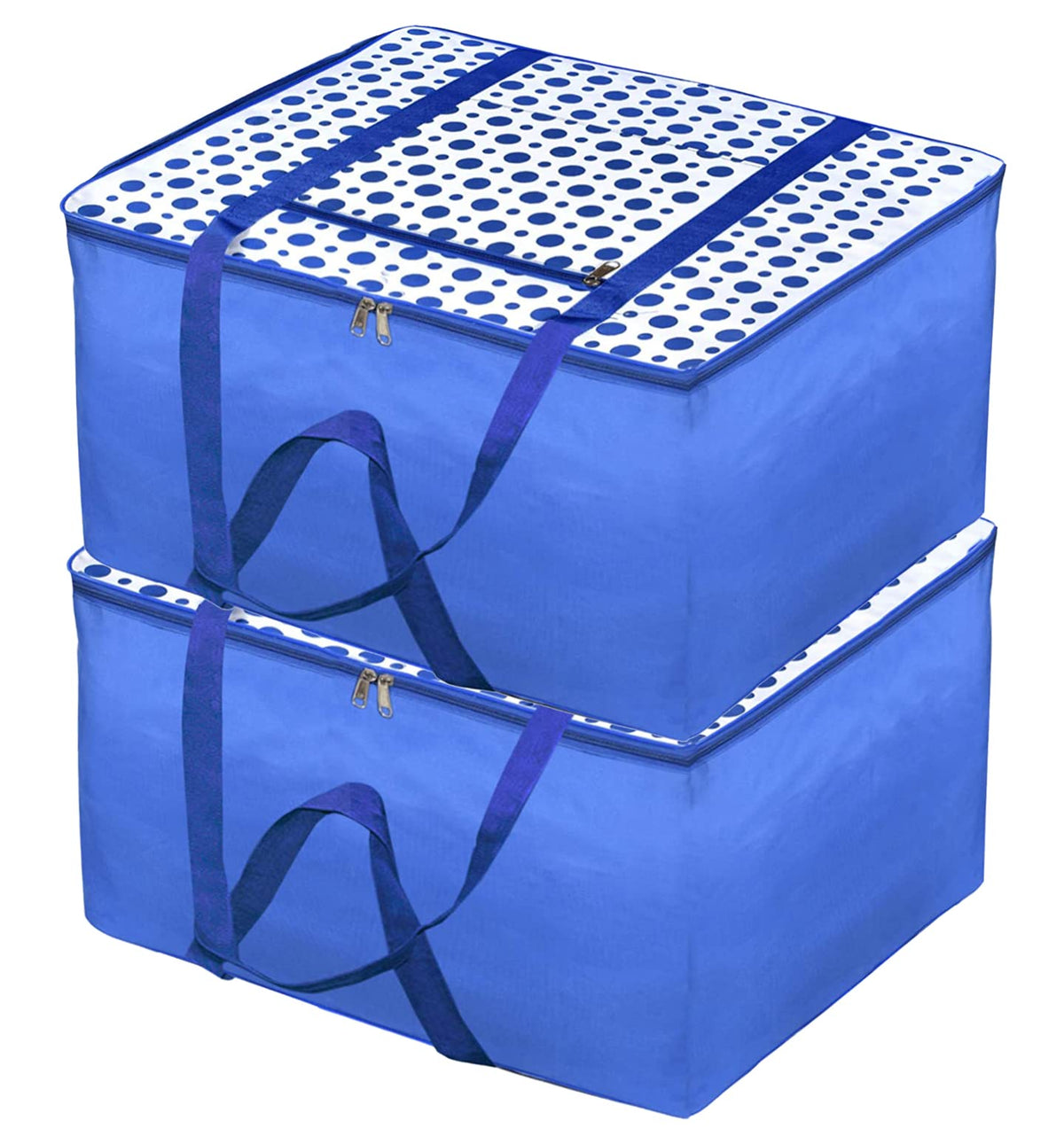 Kuber Industries Dot Printed Large Size Moisture Proof Wardrobe Organizer Storage Bag For Clothes With Zipper Closure and Handle- Pack of 2 (Blue & White)-HS43KUBMART26711