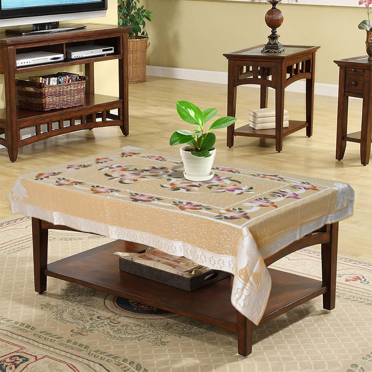 Kuber Industries Flower Printed Cotton 4 Seater Center Table Cover,40"x60" (Autunm Orange)-44KM057