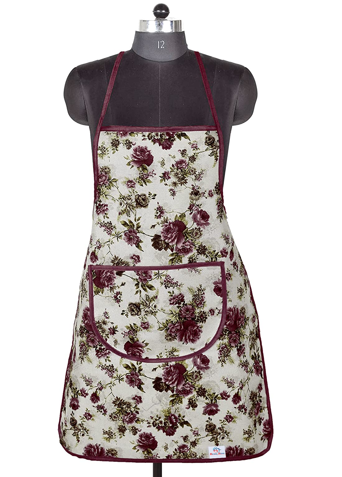 Heart Home Flower Printed Jute Bib Apron with 1 Large Pocket (Brown)-HS_38_HEARTH21207