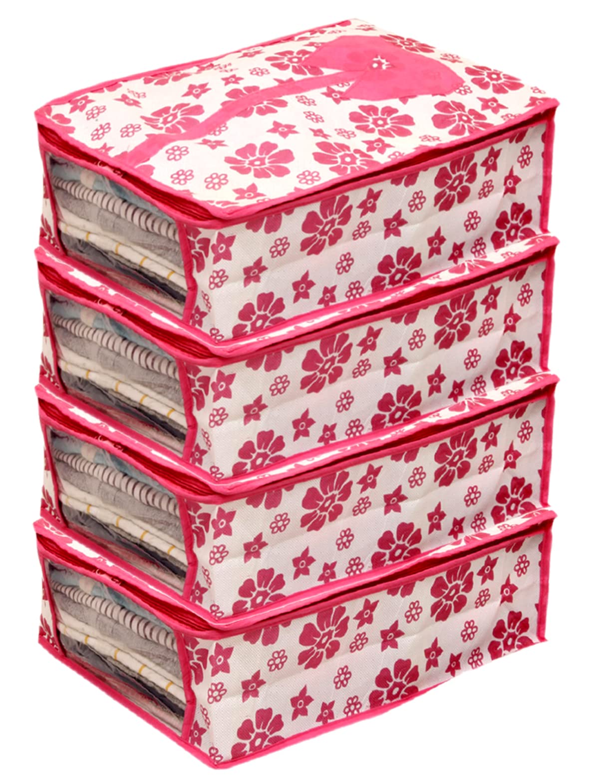 Kuber Industries Flower Printed Shirts & Clothing Organizer With Clear Window- Pack of 4 (Pink)-HS43KUBMART26191