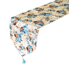 Heart Home Flower Design Cotton Table Runner for Family Dinners or Gatherings, Indoor or Outdoor Parties & Everyday Use, 16"x68"inch (Blue)
