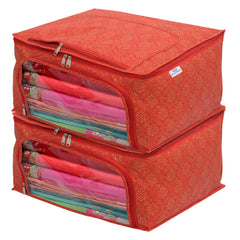 Heart Home Floral Print Non-Woven Saree cover With Large Pocket For Saree, Lehenga, Suit & Transparent Window, Pack of 2 (Red) 54HH4168.