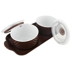 Fun Homes Walnut Checkered Design Plastic Solitaire Serving Tray with 2 Multipurpose Snacks/Dry Fruit Air Tight Bowls with Lids (Set of 3,Brown), Standard (FSHOME011089)