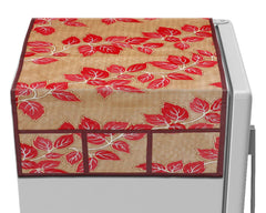 Kuber Industries Leaf Print PVC Fridge Top Cover with 6 Utility Side Pockets (Red)