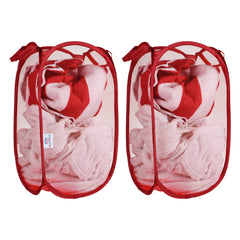 Heart Home Net Laundry Basket | Foldable & Lighweight Clothes Basket for Kids Room | Nylon Durable Storage Basket with handle | Small | Pack of 2 | Red